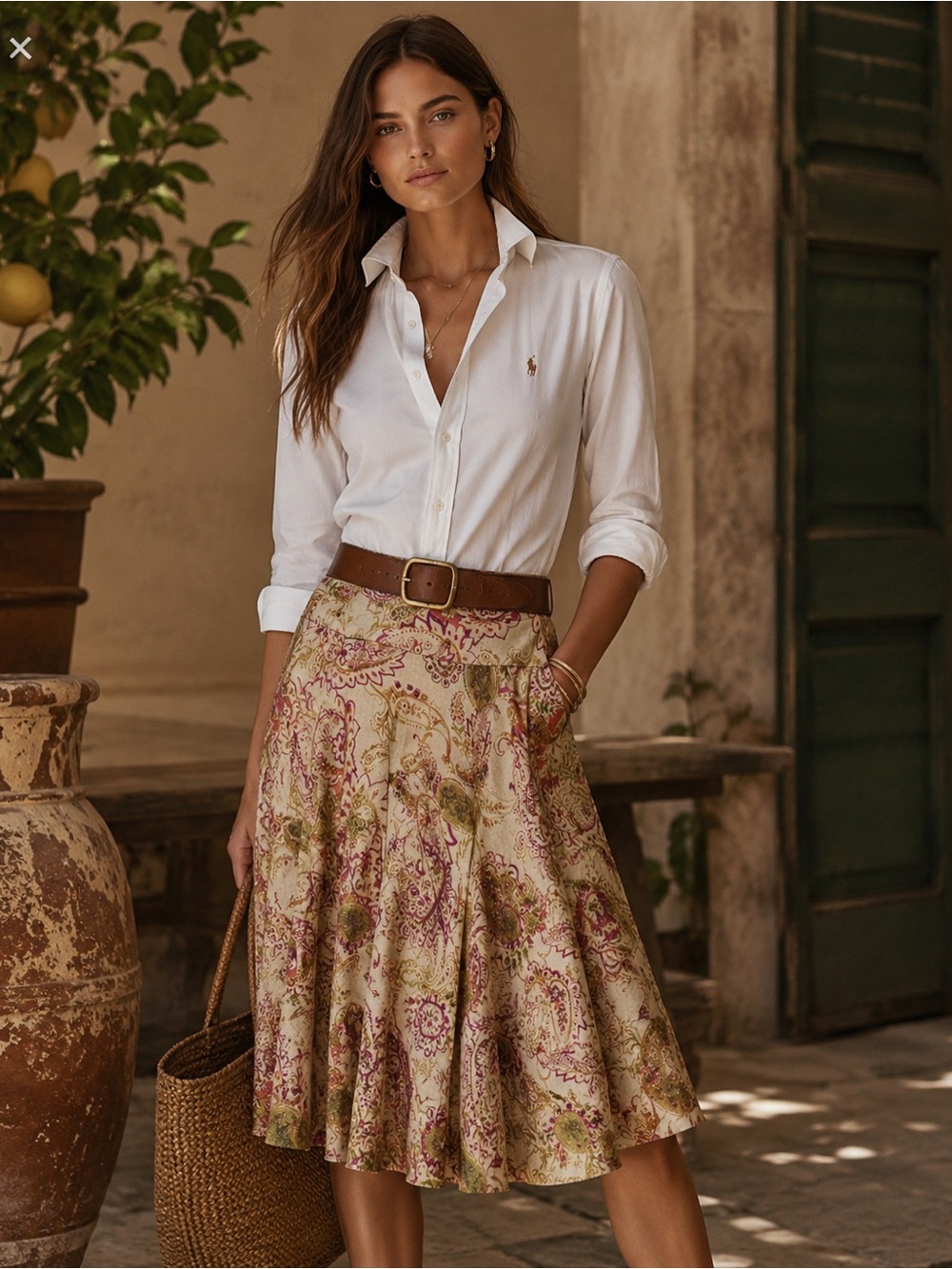 VTG L Ralph Lauren Beige Paisley Linen Skirt Olive & Mauve Accents